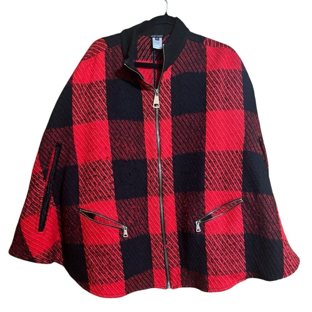 John Mark Poncho Womens Large Buffalo Plaid Zippered Oversized Wool Sweater Cape